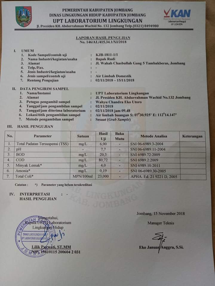 Uji Baku Mutu Limbah Domestik M Filter Septictank Bio